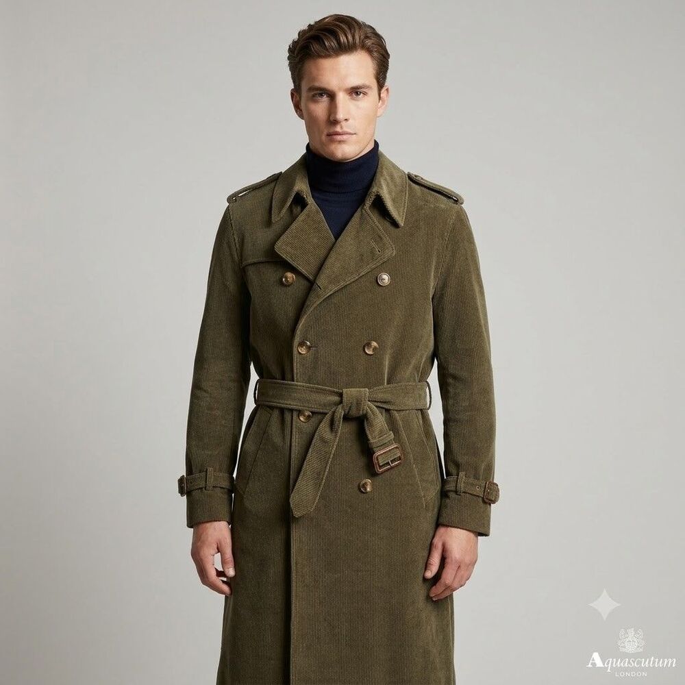 Aquascutum London Corduroy Trench Coat Mens Sz 40 R Wool Club Check Lining VTG